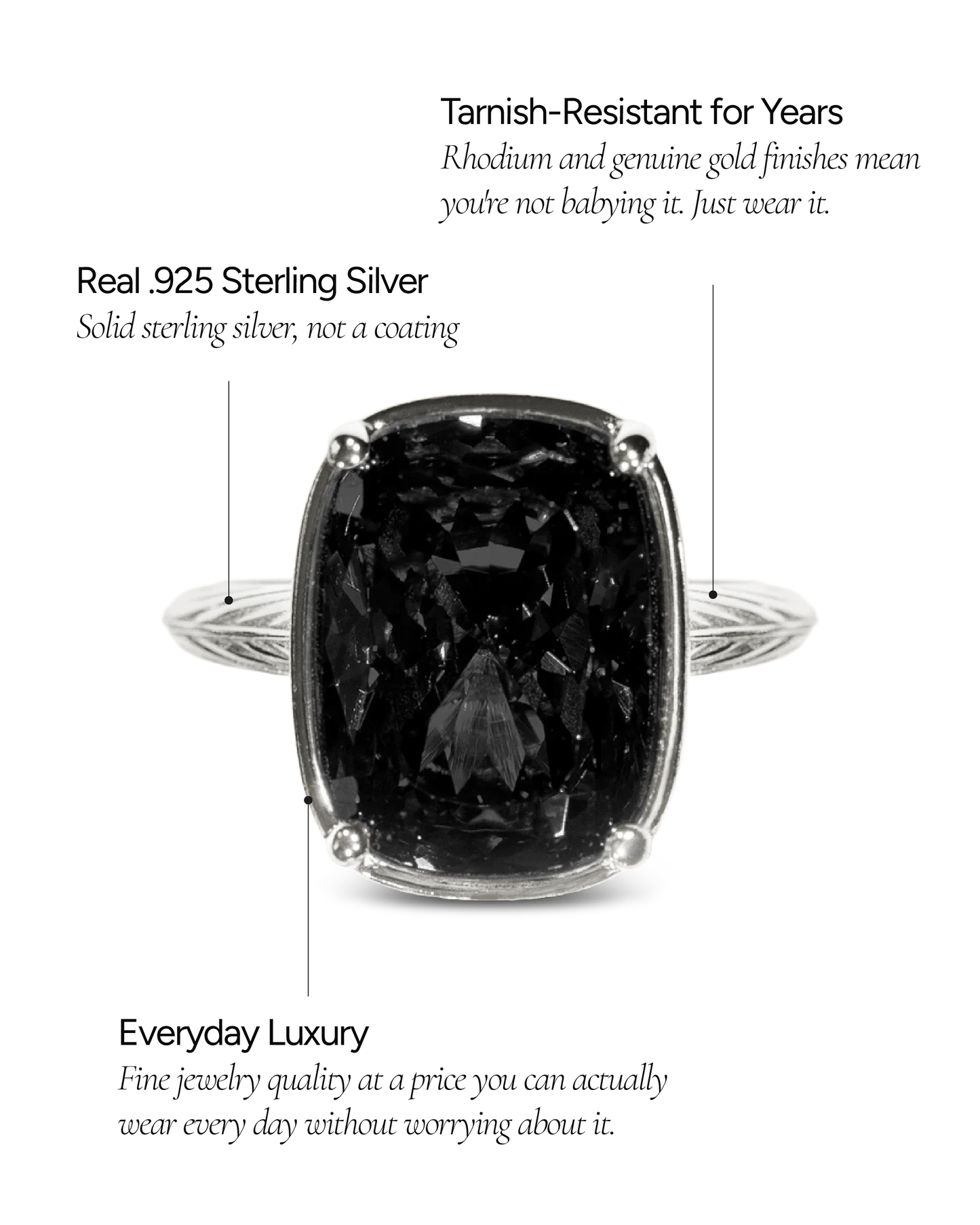 Sterling Silver Elongated Cushion Black CZ Cocktail Ring