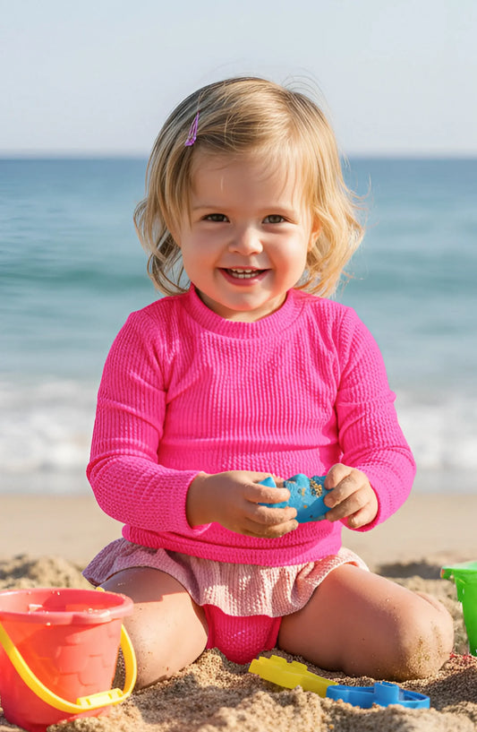 Toddler Fuchsia Crinkle Ruffle Rashguard Swimsuit Set with UPF 50+ | Bossier City Kids Swimwear Boutique