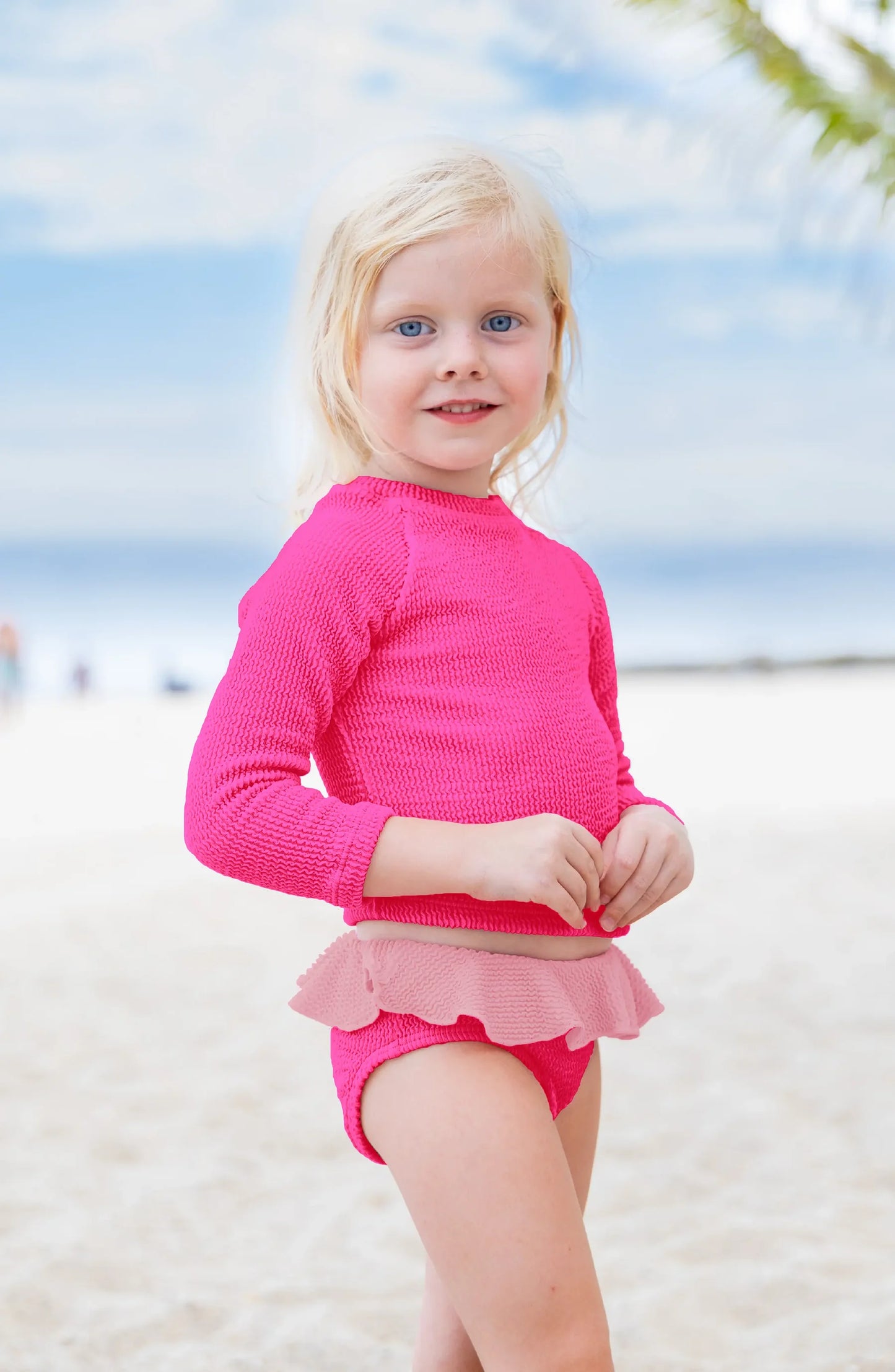 Toddler Fuchsia Crinkle Ruffle Rashguard Swimsuit Set with UPF 50+ | Bossier City Kids Swimwear Boutique