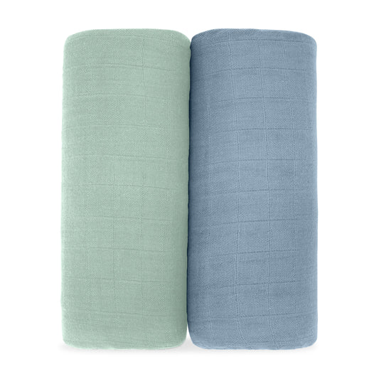 Muslin Swaddle Blanket in Pacific Blue & Fern, 2 Pack