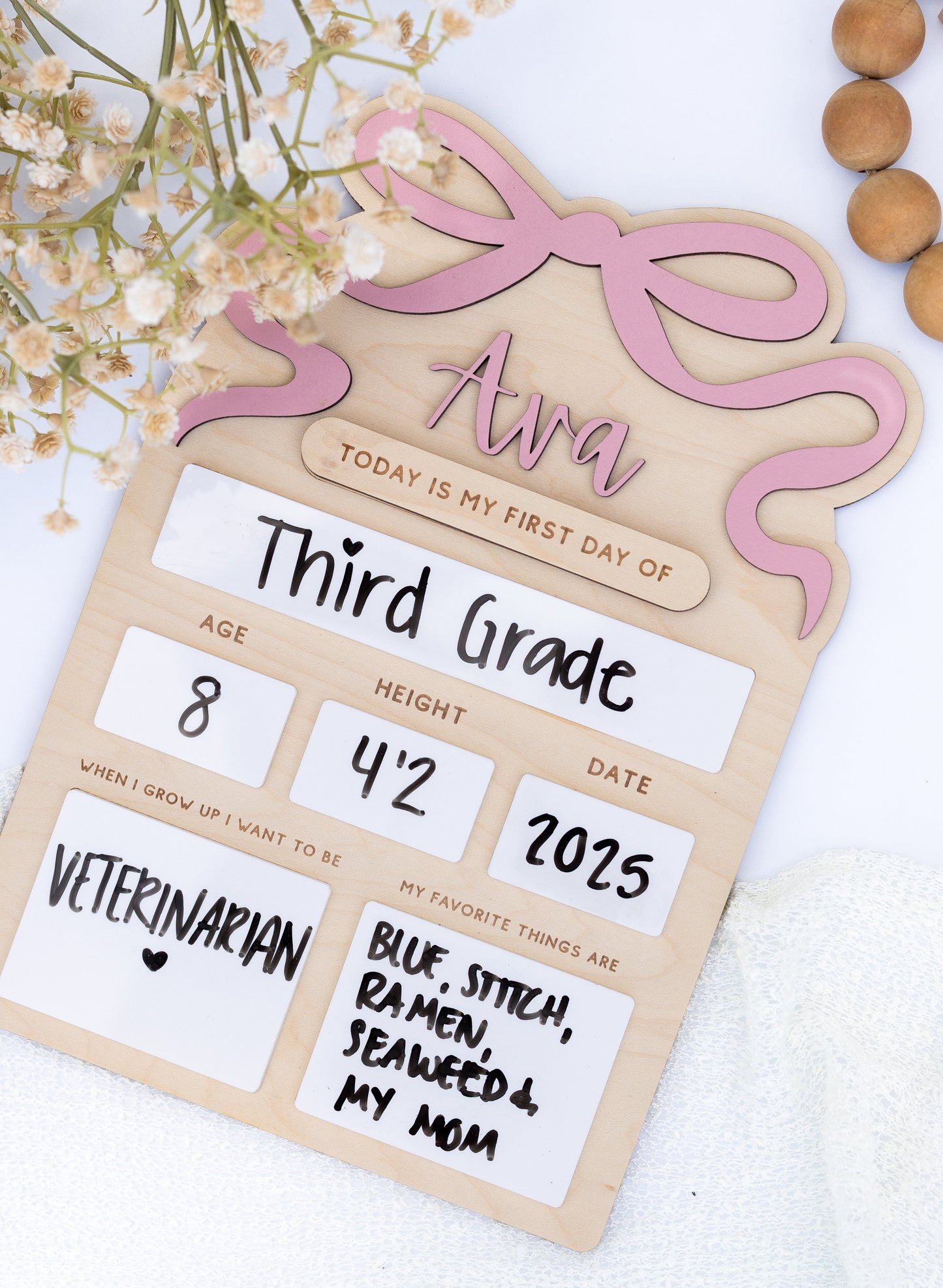 First Day School Sign Bow – Personalized Reusable Wooden Photo Prop