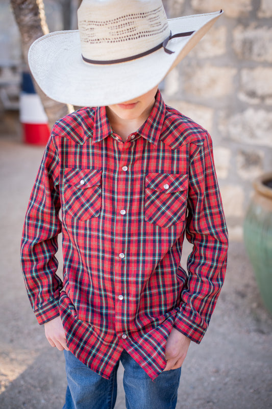 Holiday Plaid Pearl Snap Flannel – Boys Long Sleeve Shirt