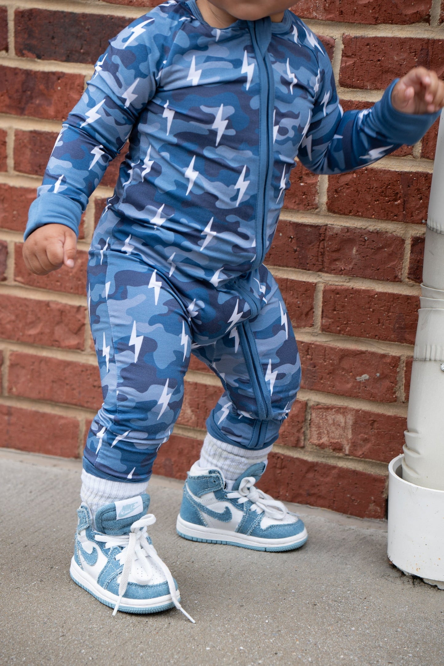 Bamboo Zip Romper | Blue Camo Bolts