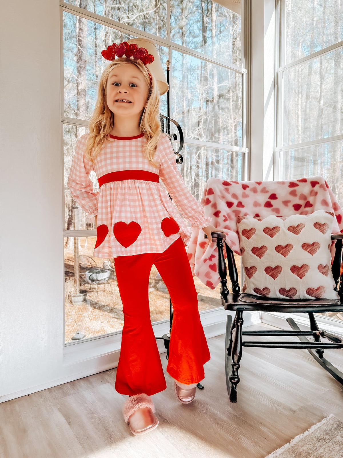 Girls Valentine's Day Heart Applique Plaid Outfits Set