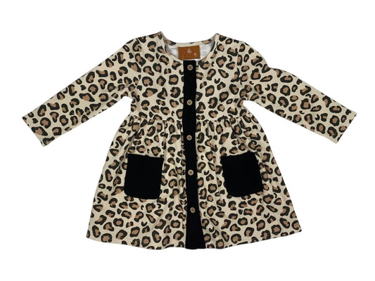 Girls Leopard Long Sleeve Dress – Button Front with Pockets