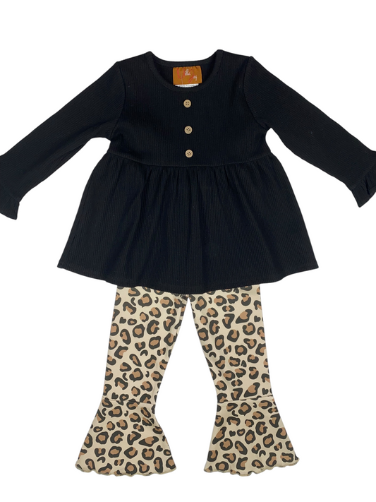 Girls Leopard Bell Bottom Set – Black Tunic & Animal Print Pants