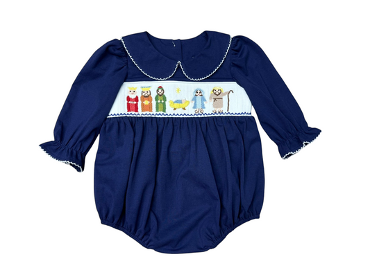 Nativity Smocked Girls Long Sleeve Bubble