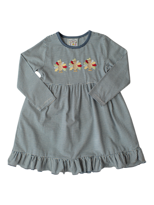 Baby Girls Navy Turkey Embroidered Ruffle Dress | Thanksgiving Boutique Dress