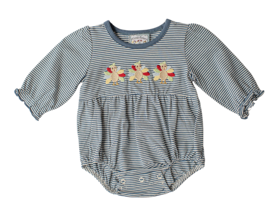 Baby Girls Navy Turkey Embroidered Bubble Romper | Thanksgiving Boutique Outfit