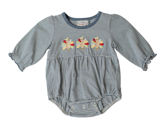 Baby Girls Navy Turkey Embroidered Bubble Romper | Thanksgiving Boutique Outfit