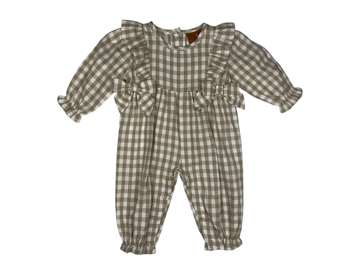 Evelyn Romper – Khaki Gingham Baby Girl Outfit
