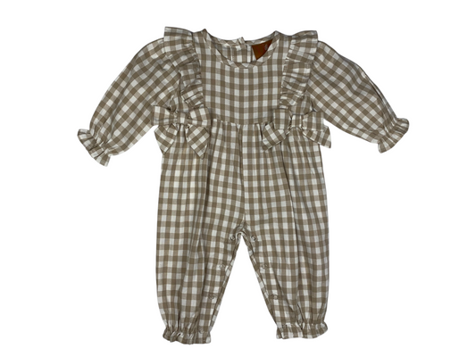 Evelyn Romper – Khaki Gingham Baby Girl Outfit