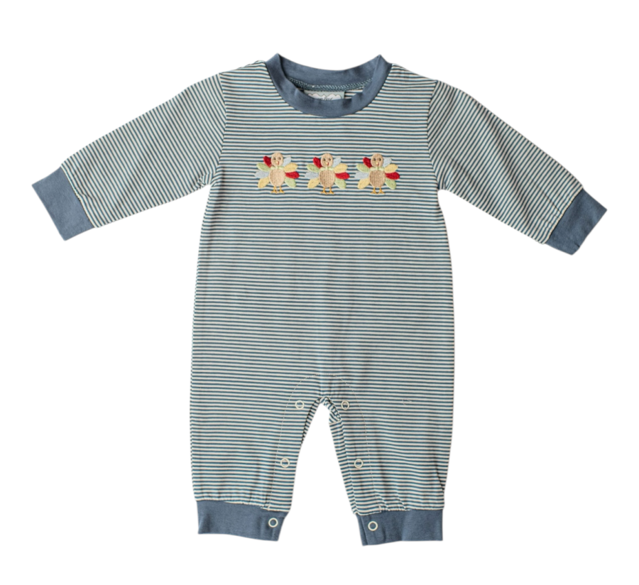 Baby Boys Turkey Embroidered Romper | Blue Stripe Boutique Thanksgiving Romper