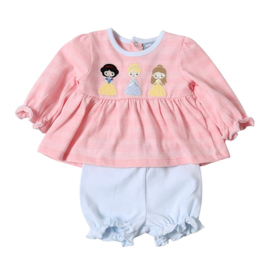 Baby Girls Disney Princess Inspired Applique Bloomer Set | Pink Long Sleeve Top & Blue Ruffle Bloomers