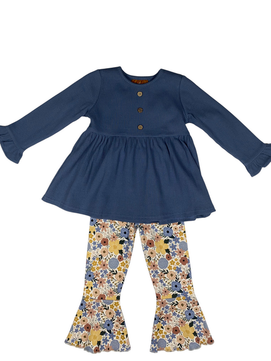 Girls Blue Floral Bell Bottom Set – Tunic Top & Flared Pants