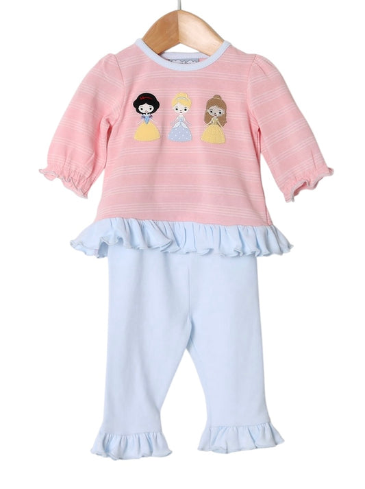 Baby Girls Disney Princess Inspired Applique Pant Set | Pink Long Sleeve Top & Blue Ruffle Pants