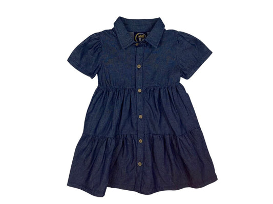 Denim Layered Dress – Girls Tiered Button-Up Dress