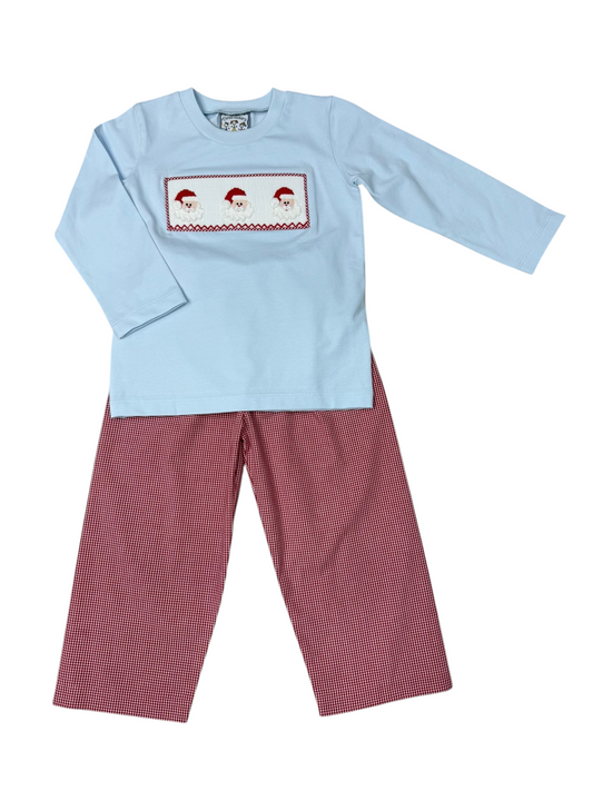 Santa Smocked Boys Pant Set – Blue Shirt & Red Gingham Christmas Outfit