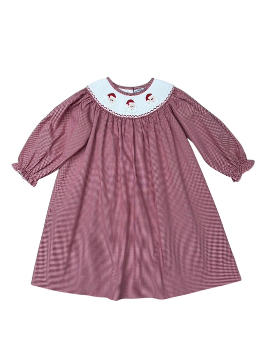 Santa Smocked Long Sleeve Bishop Dress – Girls Holiday Gingham Christmas Dress