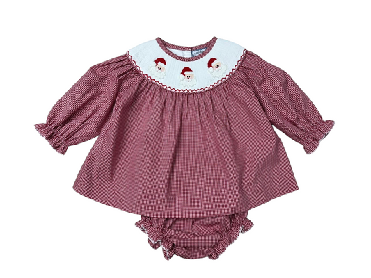 Santa Smocked Bloomer Set – Baby & Toddler Girls Red Gingham Christmas Outfit