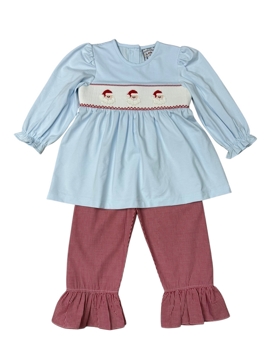 Santa Smocked Ruffle Pant Set – Girls Blue Top & Red Gingham Christmas Outfit
