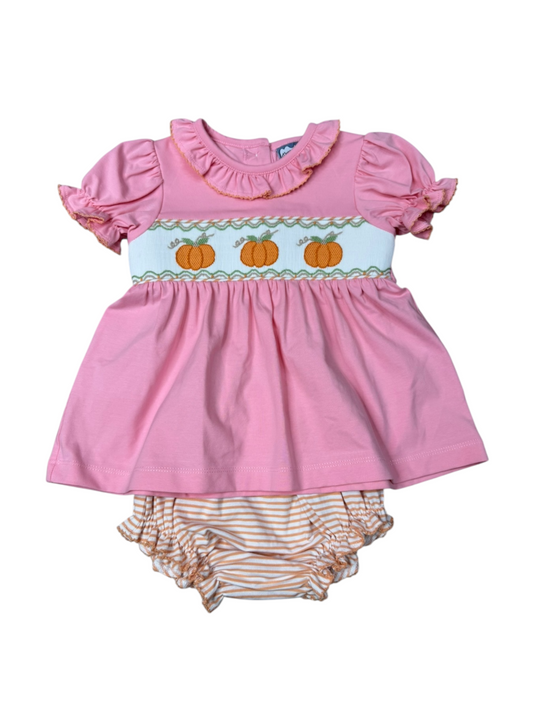 Girls Smocked Pumpkin Bloomer Set | Boutique Pink Pumpkin Fall Outfit
