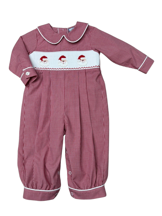 Santa Smocked Bubble Longall – Baby Boy Red Gingham Christmas Romper