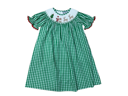 Christmas Time Smocked Bishop Dress – Girls Green Gingham Holiday Outfit