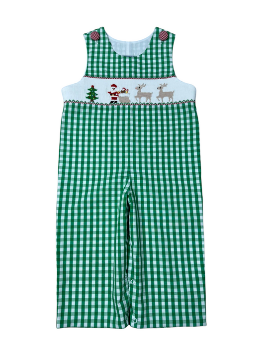 Christmas Time Smocked Boys Longall – Santa & Reindeer Green Gingham Holiday Outfit