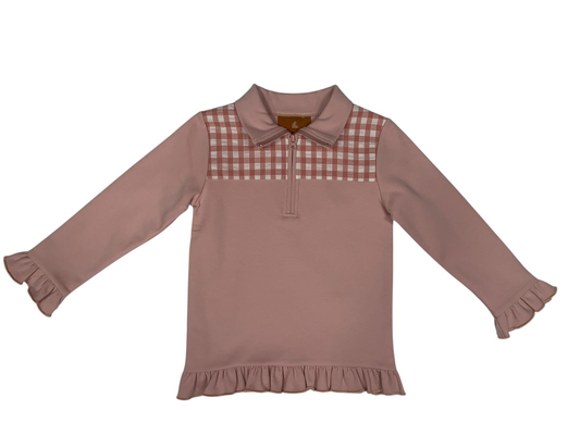 Ellie 1/4 Zip Pullover – Rose Gingham Girls Top