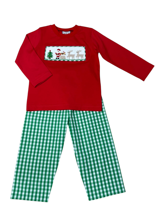 Christmas Time Smocked Boy Pant Set – Red & Green Gingham Holiday Outfit