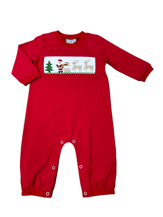 Christmas Time Smocked Boy Romper – Santa & Reindeer Red Holiday One-Piece
