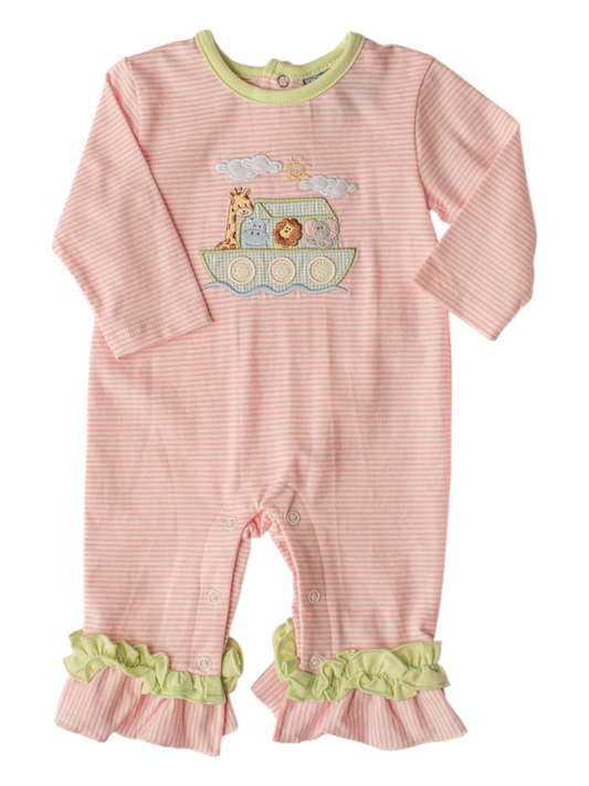 Girls Noah's Ark Ruffle Romper | Pink Stripe Boutique Baby Outfit
