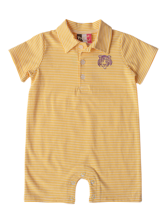 Purple Tiger Boys Shortall | Baby Boy Purple & Gold LSU Gameday Romper