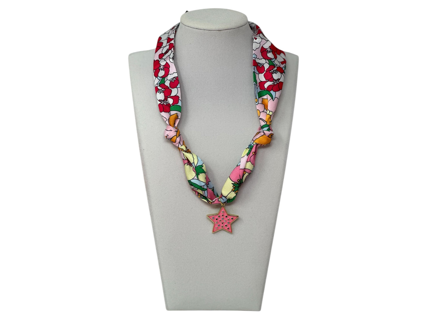 Scarf Charm Necklace - Pink Multi Flowers with Pink Star