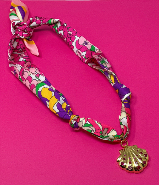 Scarf Charm Necklace - Pink and Purple Multi Flowers with Shell Charm