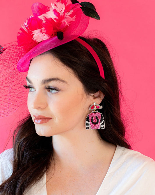 Derby Jersey Silk Earrings  - Pink and Black Horseshoe