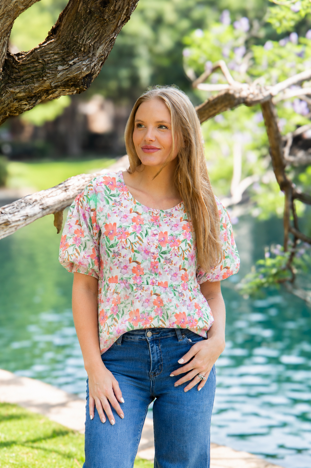 Puff Sleeve Blouse, Watercolor Flowers