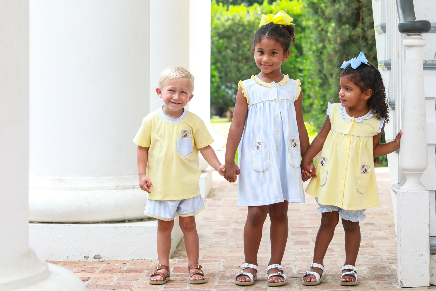 Girls Puppy Paws Pocket Dress – Blue Stripe & Yellow