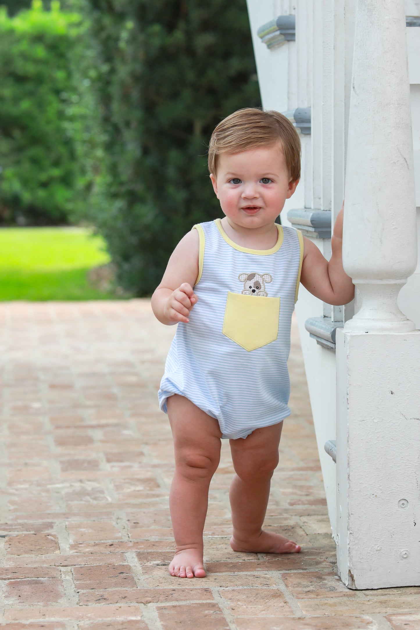 Boys Puppy Paws Pocket Bubble – Blue Stripe & Yellow