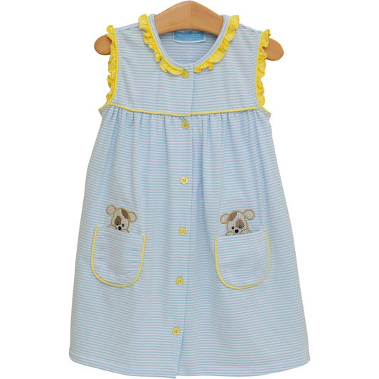 Girls Puppy Paws Pocket Dress – Blue Stripe & Yellow