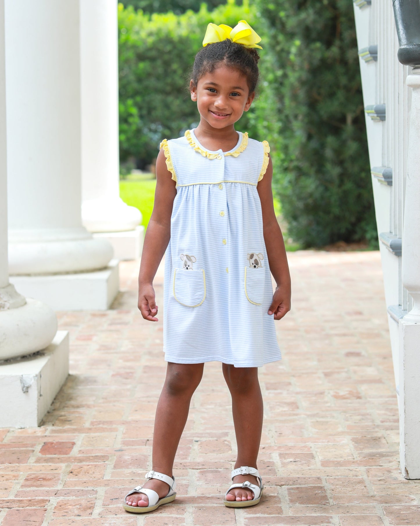 Girls Puppy Paws Pocket Dress – Blue Stripe & Yellow