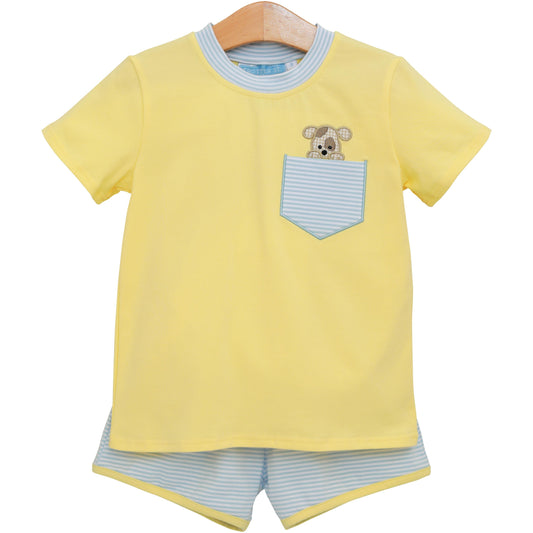 Boys Puppy Paws Pocket Short Set – Yellow & Blue