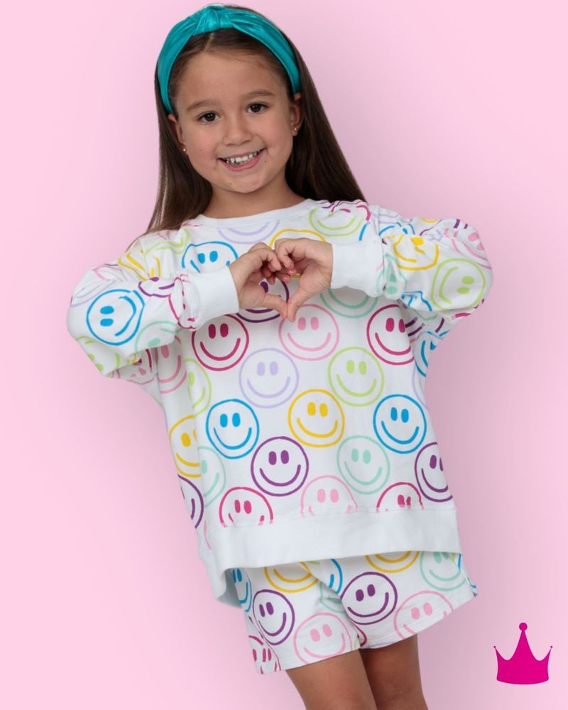 Azarhia Bright Smiley Faces Charlotte Shorts | Girls French Terry Shorts | Bossier City, LA