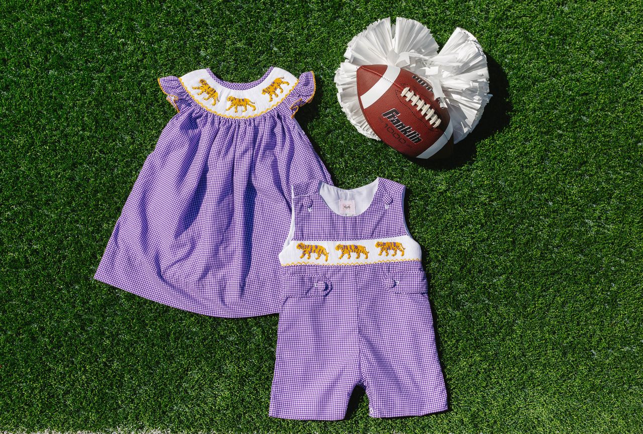 Boys Purple Tiger Smocked Jon Jon – LSU-Inspired Baby & Toddler Game Day Jon Jon | The Prissy Pelican Boutique Bossier City, LA