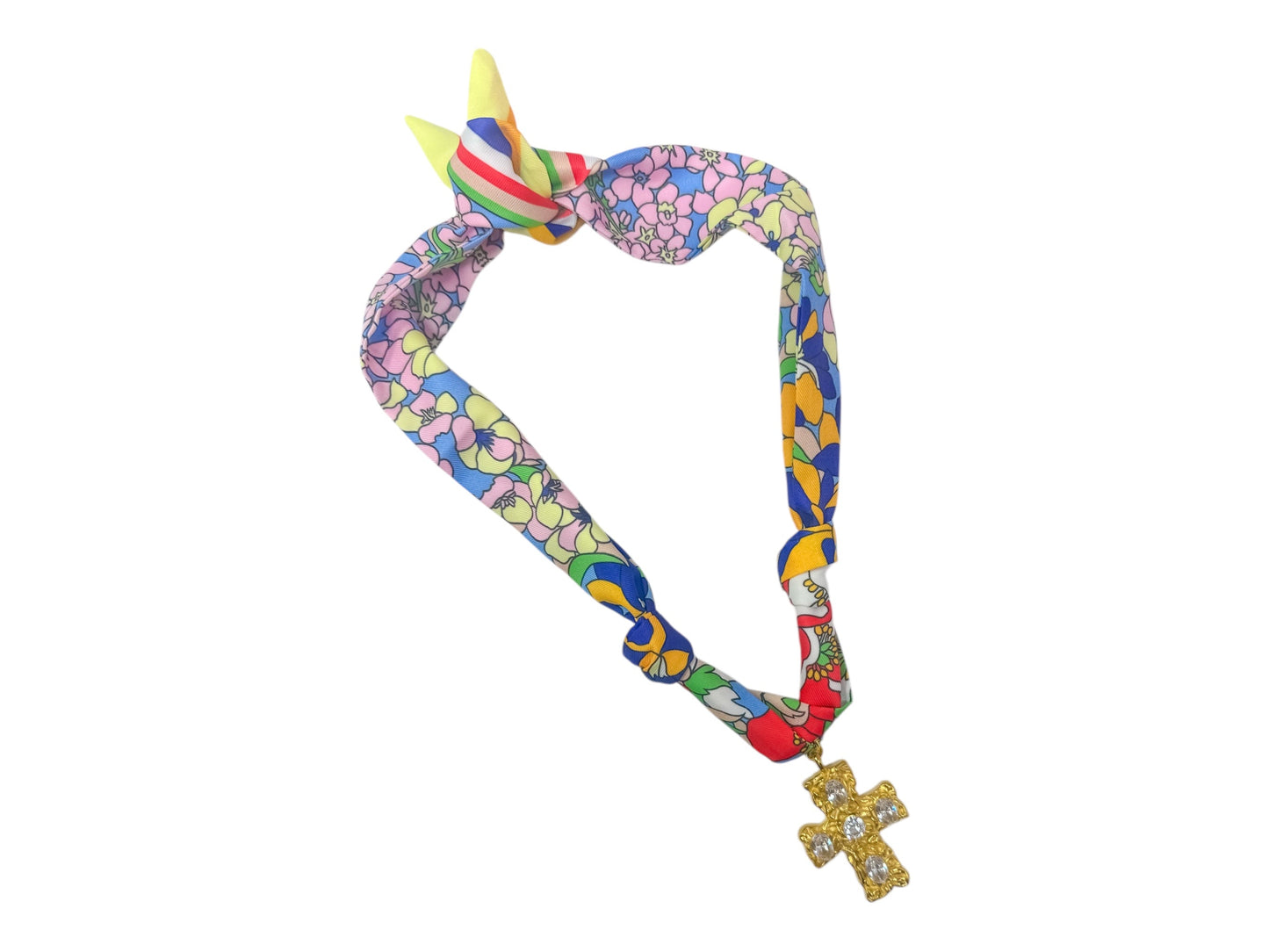Scarf Charm Necklace - Blue Floral Multi with Rhinestone Cross
