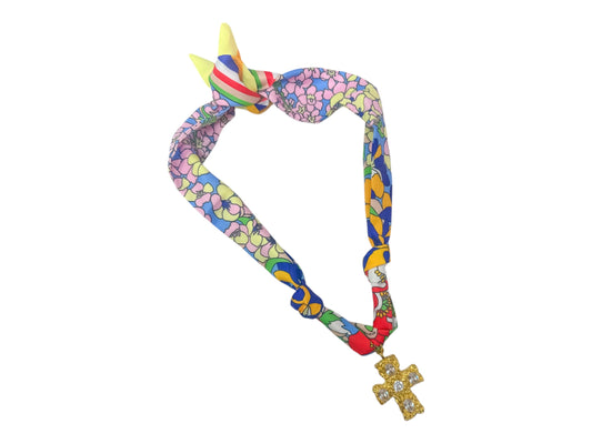 Scarf Charm Necklace - Blue Floral Multi with Rhinestone Cross
