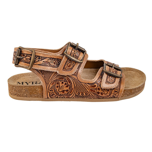 Myra Dixon Trails Sandals for Women with handtooled leather in brown with floral embossed straps