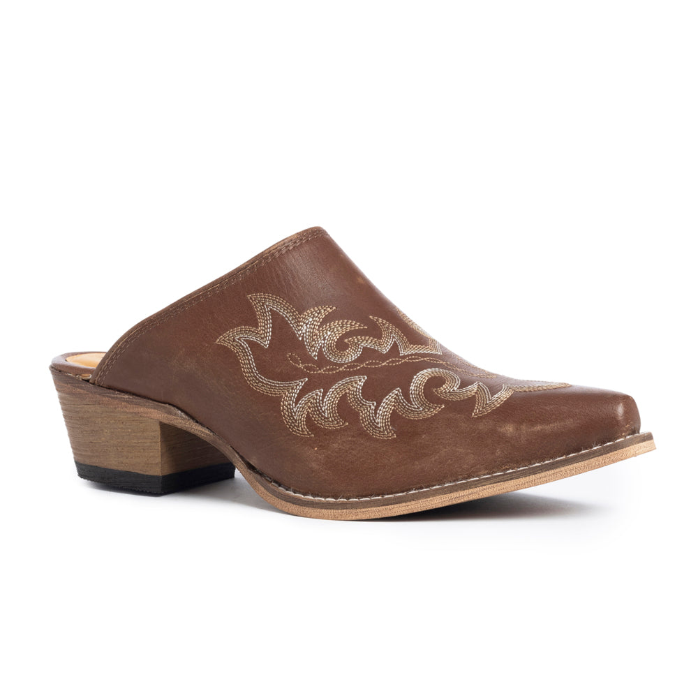 Myra Ximena Ranch Brown Embroidered Mules for Women Pointed Toe, Low Block Heel Western Leather Shoes