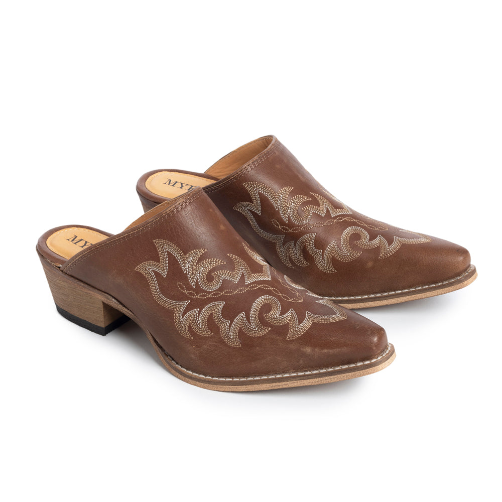 Myra Ximena Ranch Brown Embroidered Mules for Women Pointed Toe, Low Block Heel Western Leather Shoes